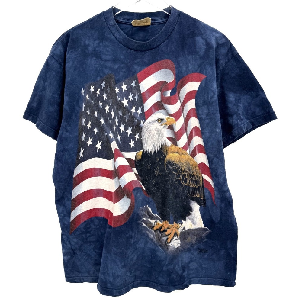 Vintage The Mountain Eagle American Flag Shirt Size L Blue Patriotic USA Cotton‎